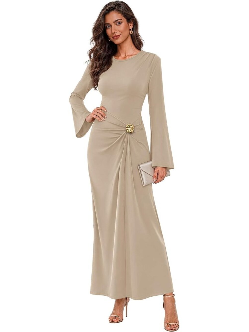 Women's Apricot Fashion Bodycon Long Sleeve Cocktail Outfits Guest Maxi Dresses - Picture 3 of 5